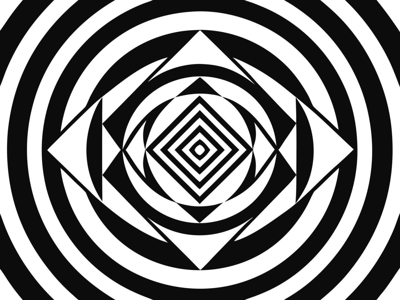 Abstract op art geometric design with concentric circles and square shapes in black and white vector