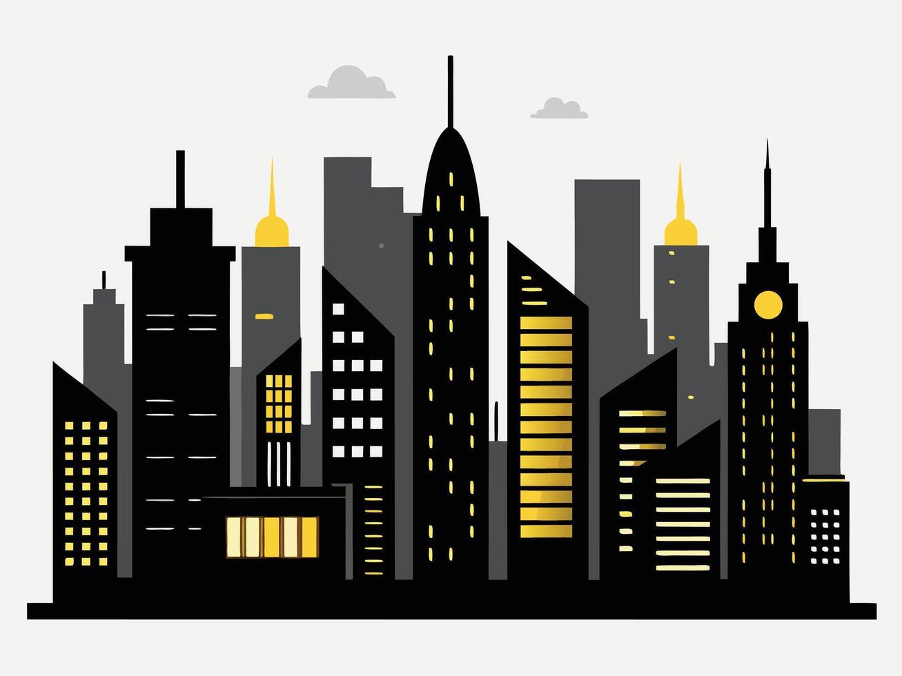Minimalist illustration of a modern cityscape with illuminated buildings and a neutral background. vector