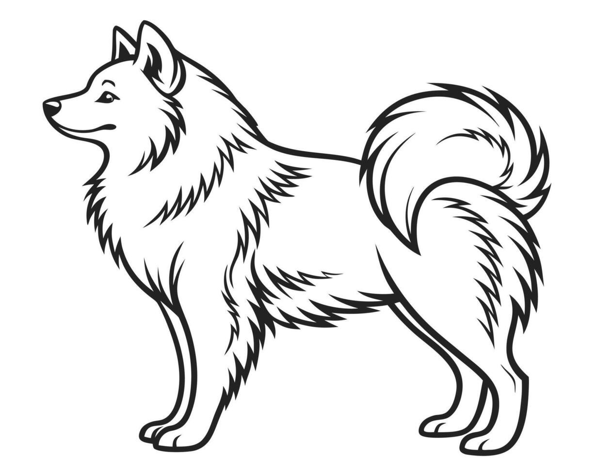 Elegant black and white illustration of a standing spitz dog breed profile vector