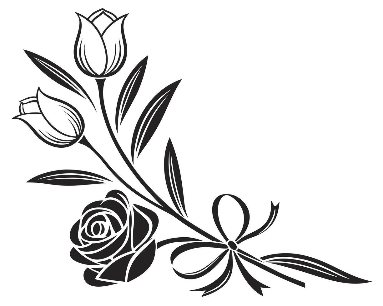 Elegant black and white floral corner design with roses tulips leaves and bow details vector