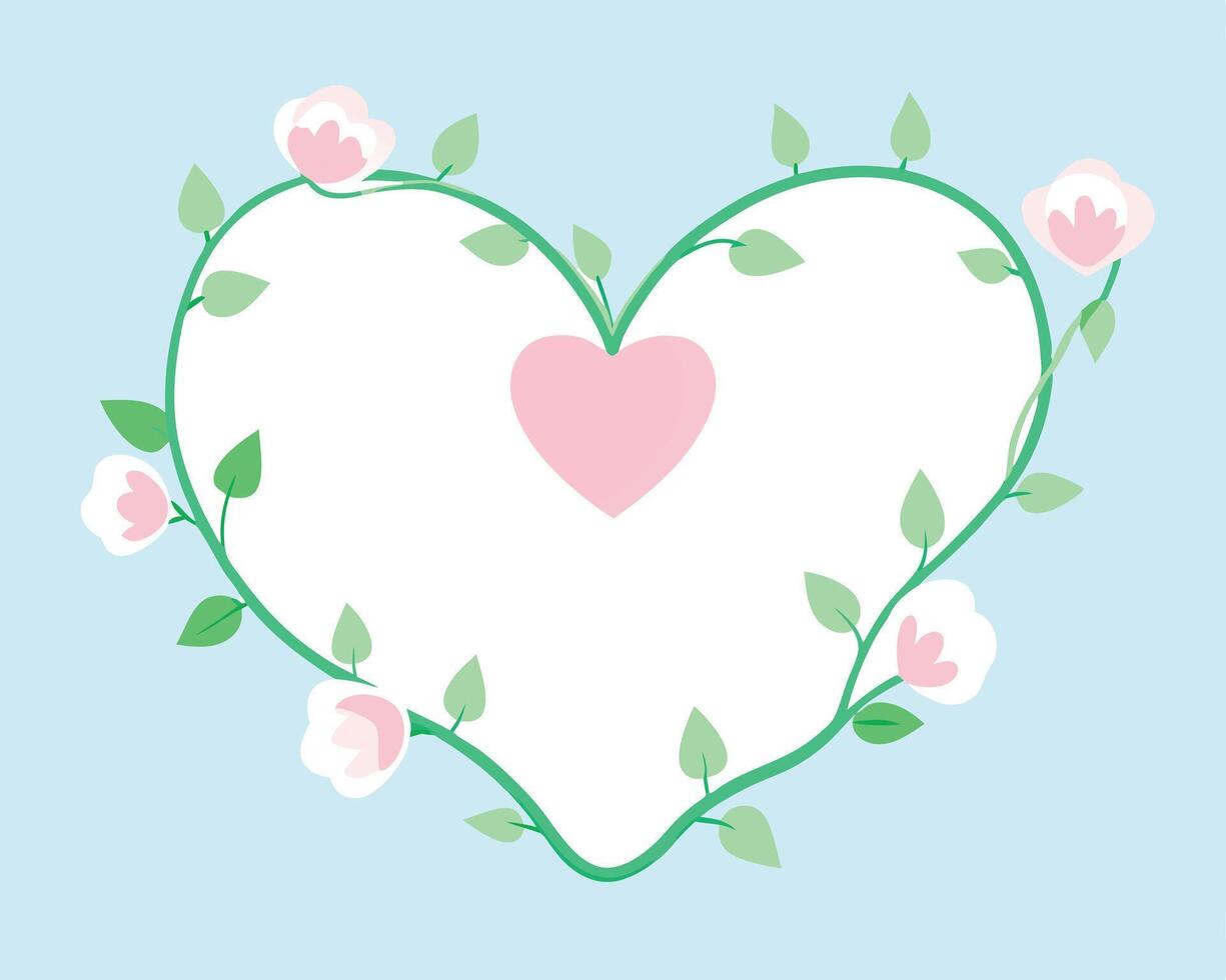 Romantic heart frame adorned with delicate flowers and leaves on a pastel blue background design. vector