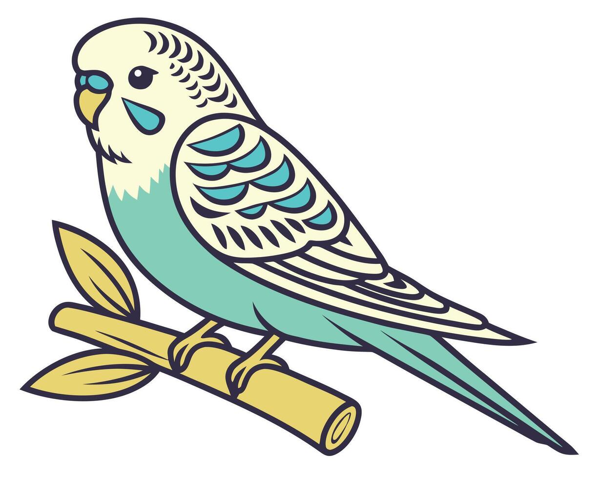illustration of a colorful budgerigar bird perching on a bamboo branch isolated vector