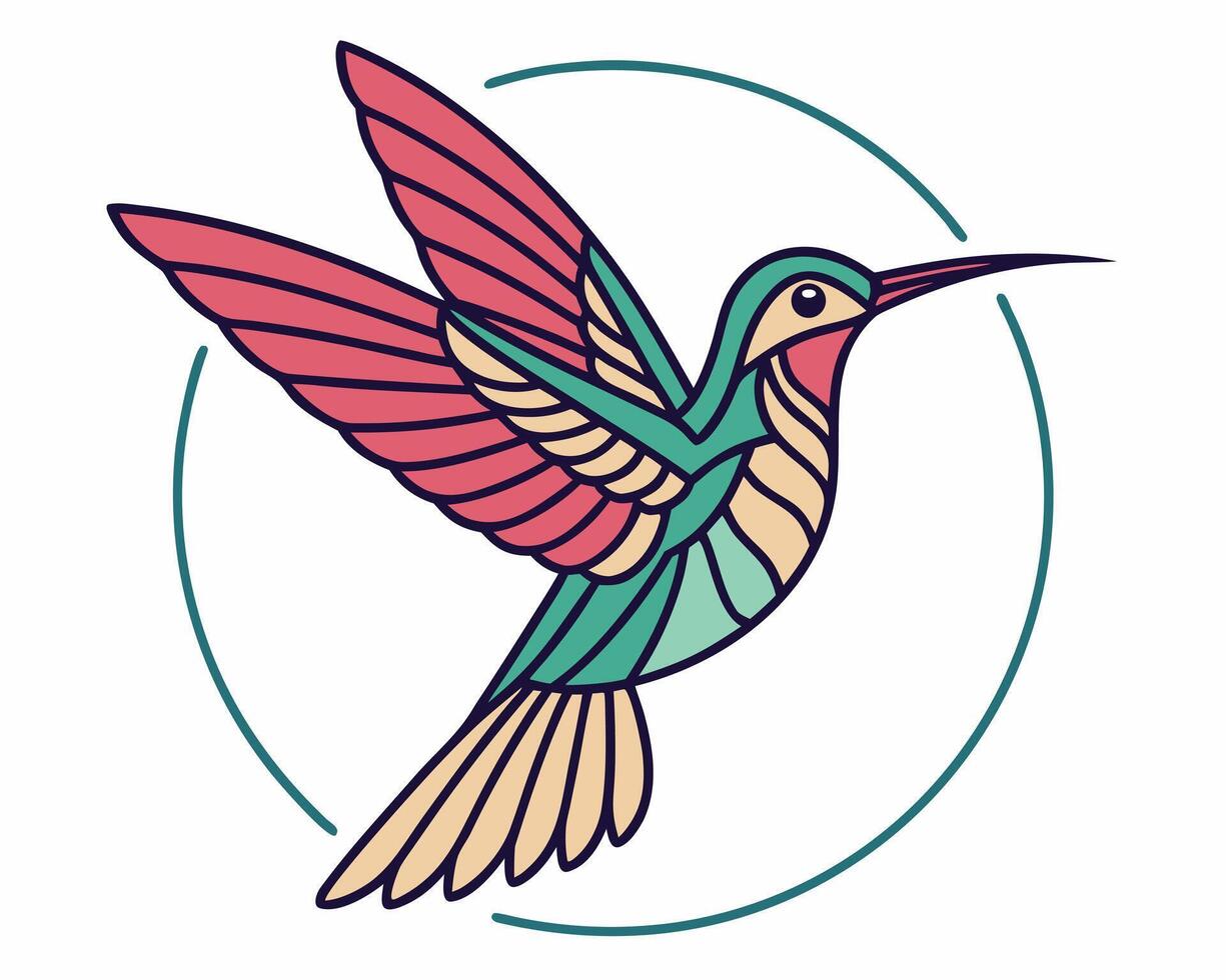 Colorful hummingbird illustration with a geometric design and decorative circular shape vector