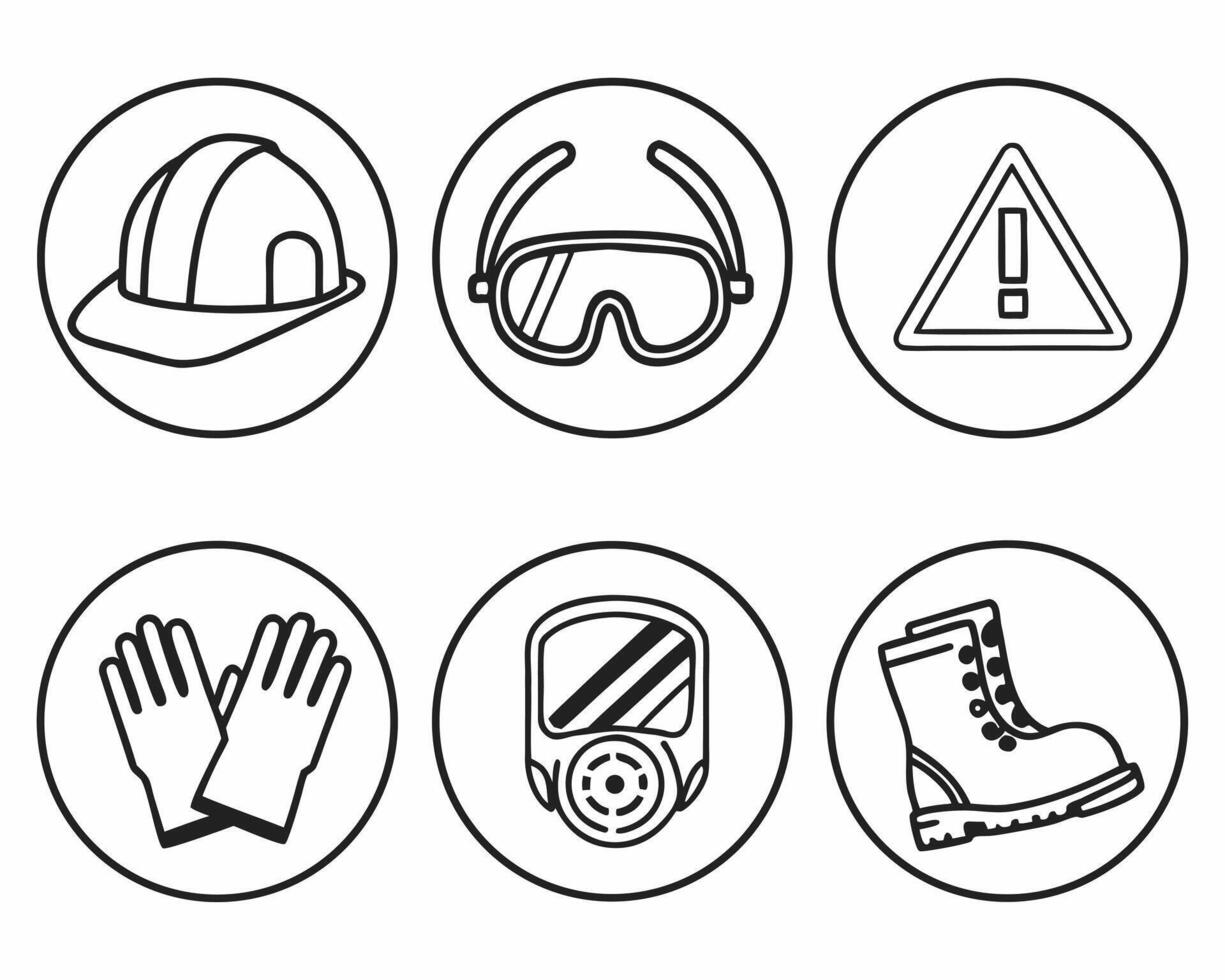 Essential safety equipment icons representing protection and caution within circular outlines vector