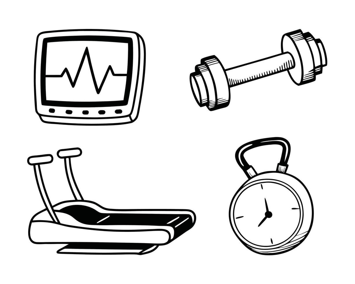 Hand drawn fitness and healthcare themed illustration with medical equipment and exercise icons vector