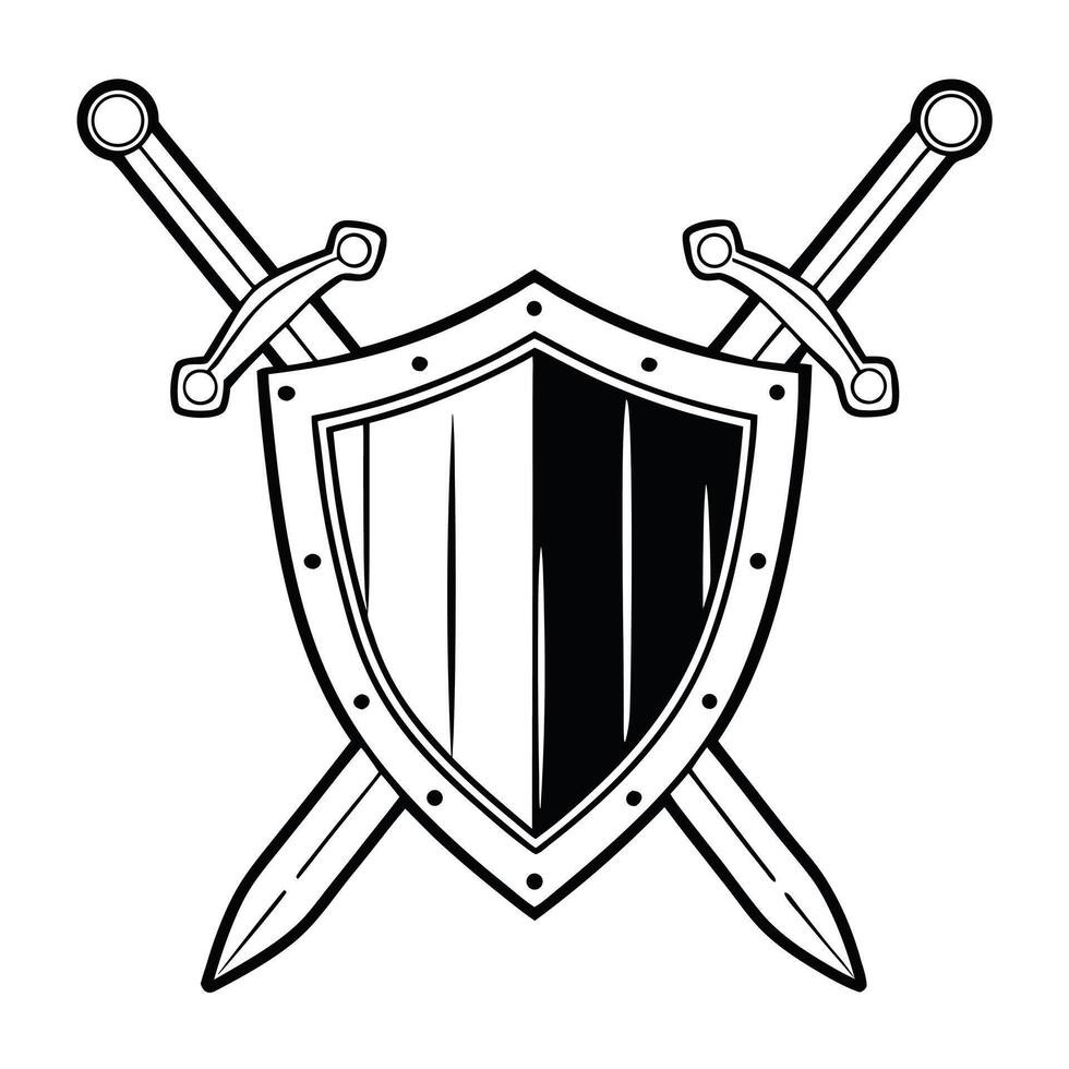Illustrative artwork depicting a heraldic shield flanked by two crossed swords in a minimalist design. vector