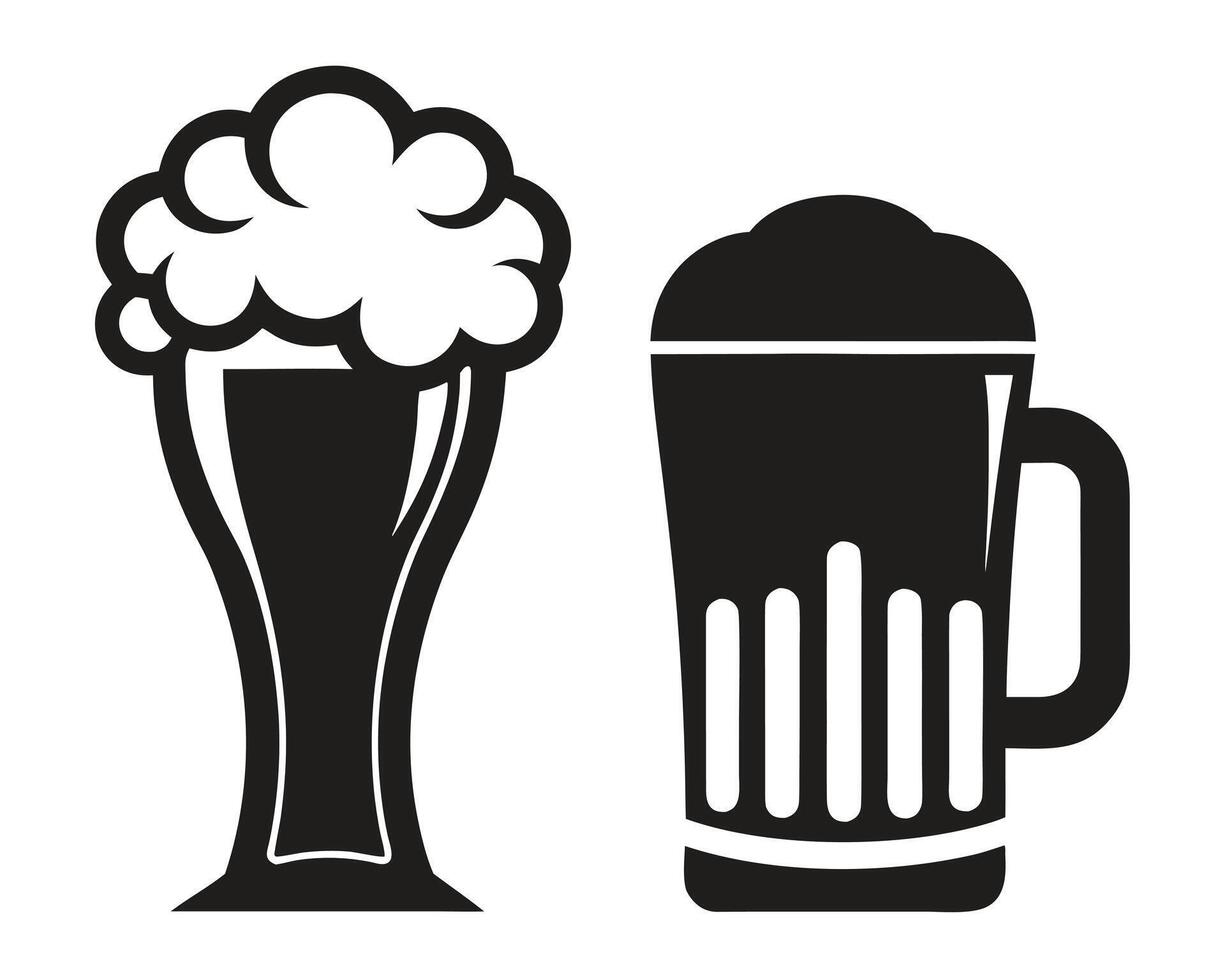 Stylish black and white illustrations of beer glass and beer mug isolated on white background vector