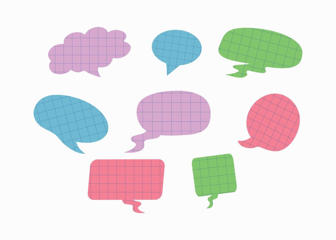 Checkered background, sheet of paper. Phrases for conversation in the form of bubbles, handwritten inscriptions. Clouds for school online chat with space for comments and text. Information forms. vector