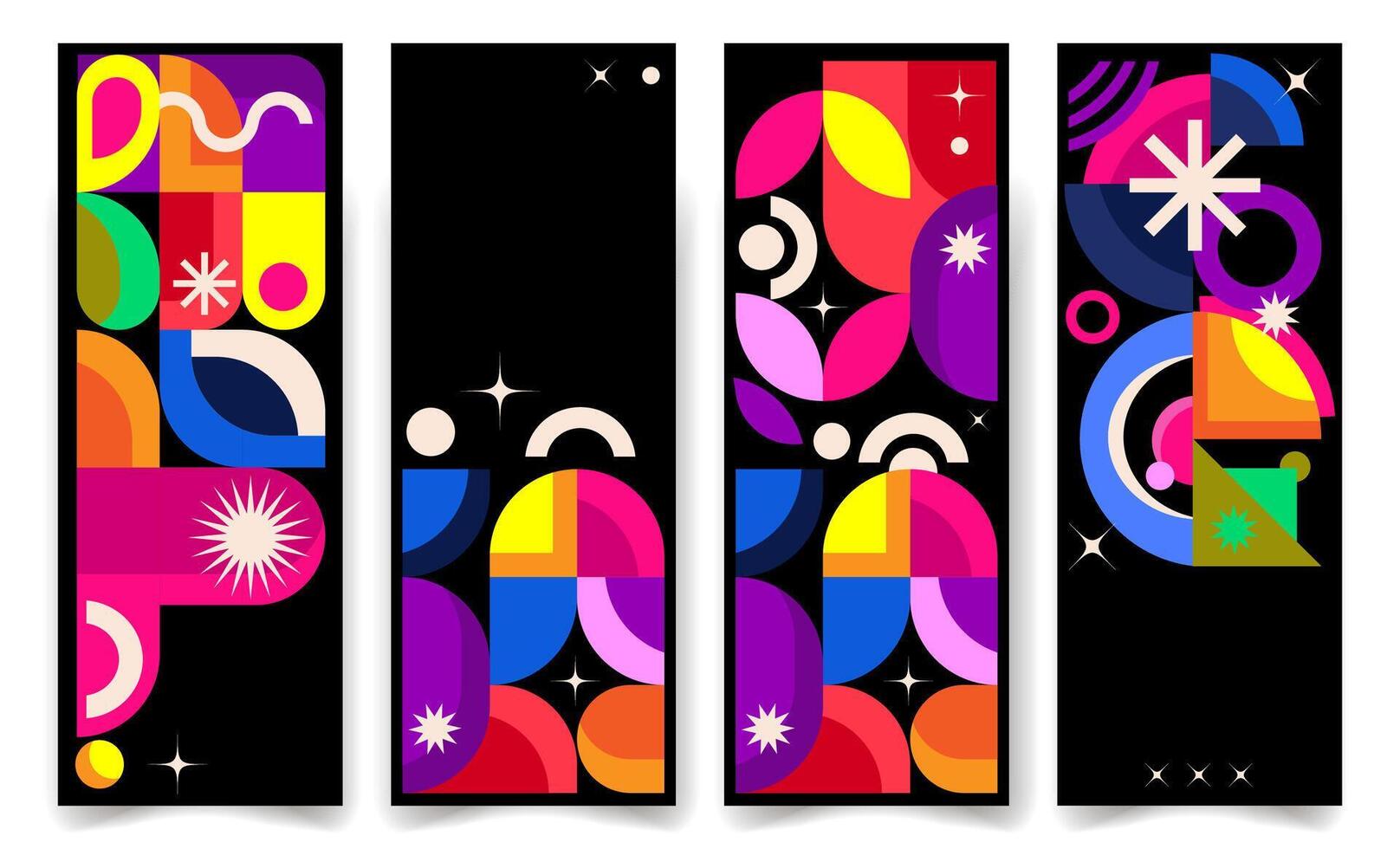 Colorful geometric abstract banners set with modern shapes on black background in trendy Neo Geo style perfect for posters web headers flyers, brochures, event promotions social media,branding. vector