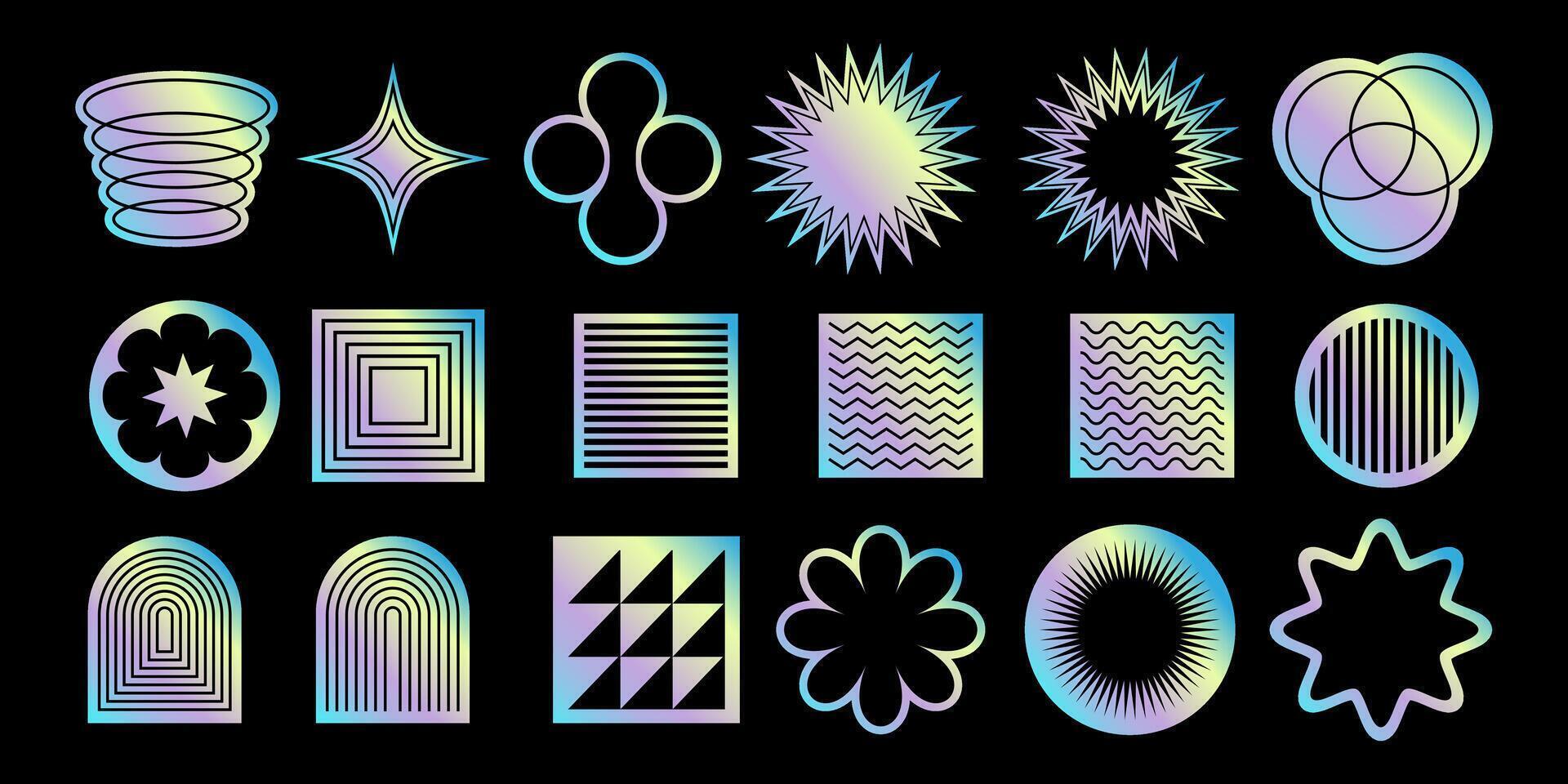 Set of holographic stickers in y2k style. Flowers, lines, geometric shapes. illustration. vector
