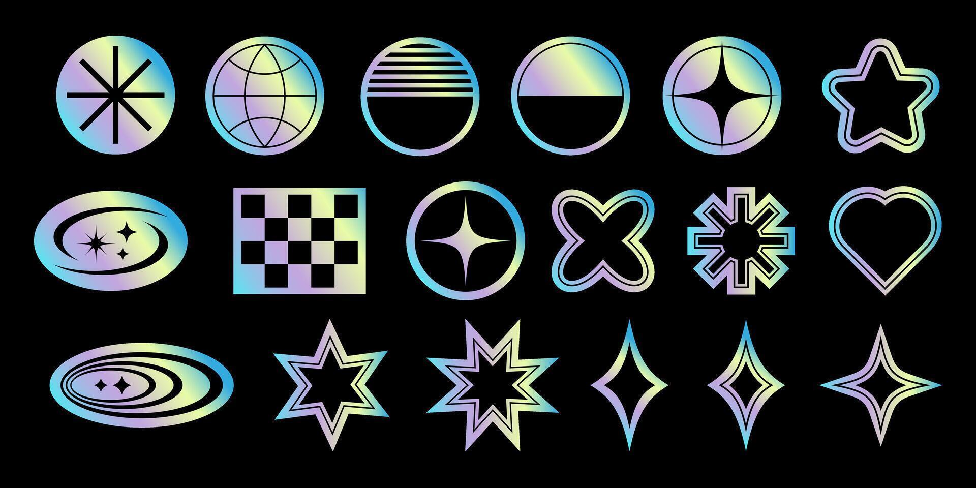 Set of futuristic holographic stickers in y2k style. illustration. vector