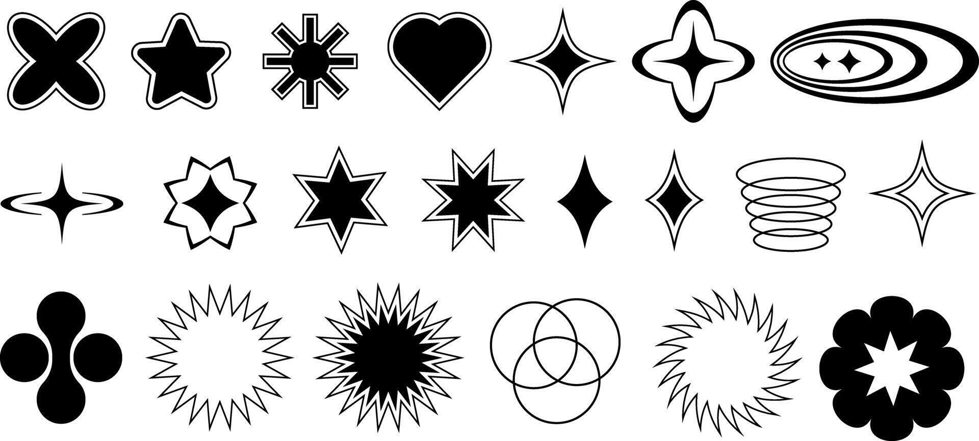 Set of abstract futuristic retro Y2K shapes. Stars and simple geometric shapes with black stroke. illustration. vector