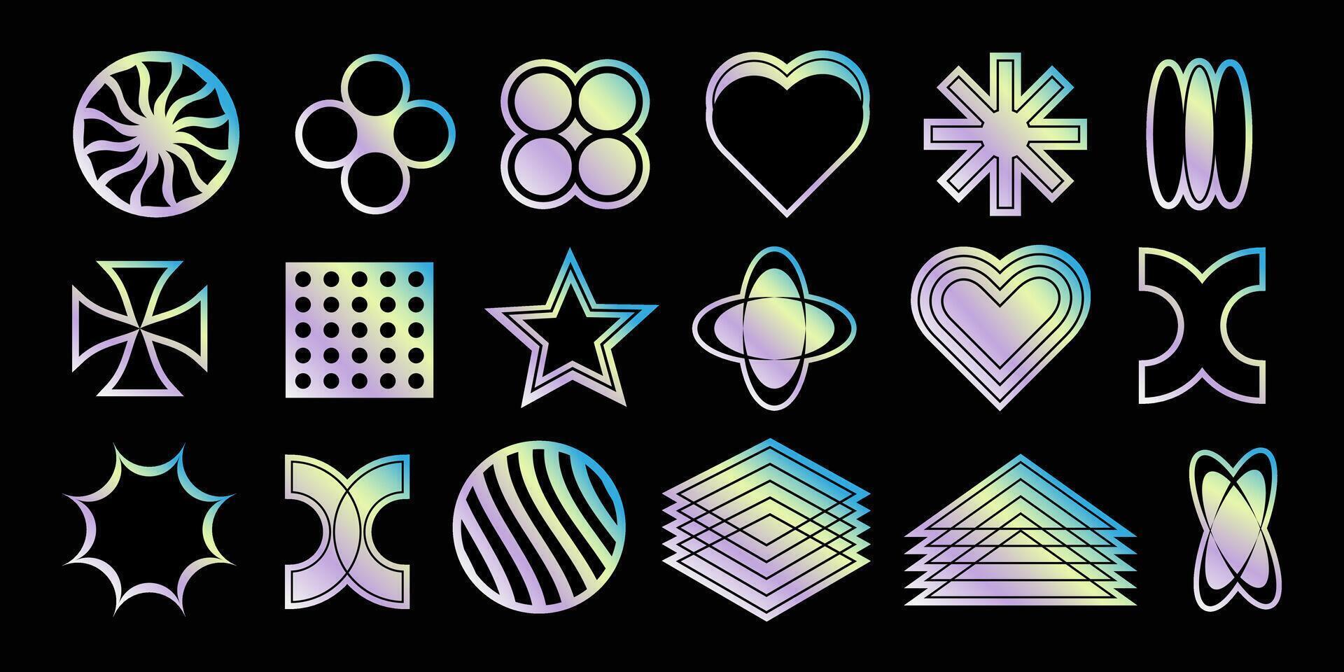 Y2K Holographic Sticker Set 2000s Retro Futuristic Icons, Gradient Symbols. Digital Iridescent Labels Set for Branding, Social Media, Posters and Web Design. vector