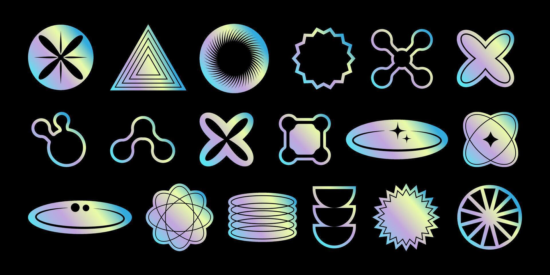 Set of holographic stickers in trendy retro style of 2000s with abstract shapes. Textured foil effect. Holographic textured stickers for labels. illustration. vector