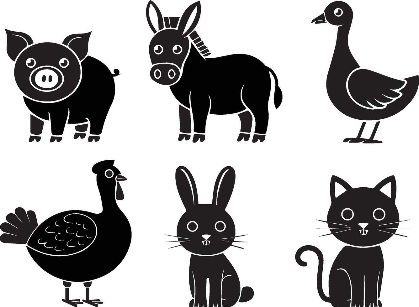 Six adorable black silhouettes of farm and domestic animals, including a pig, donkey, goose, hen, rabbit, and cat vector