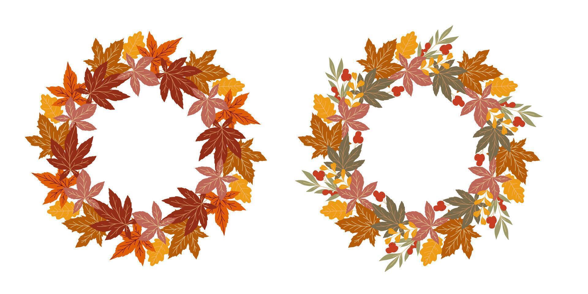 Fall wreath with colorful leaves. Fall leaves illustration. Autumn wreath design. Fall graphics for holiday cards, templates, thanksgiving design. Leaf Flat illustration. Fall Poster template vector