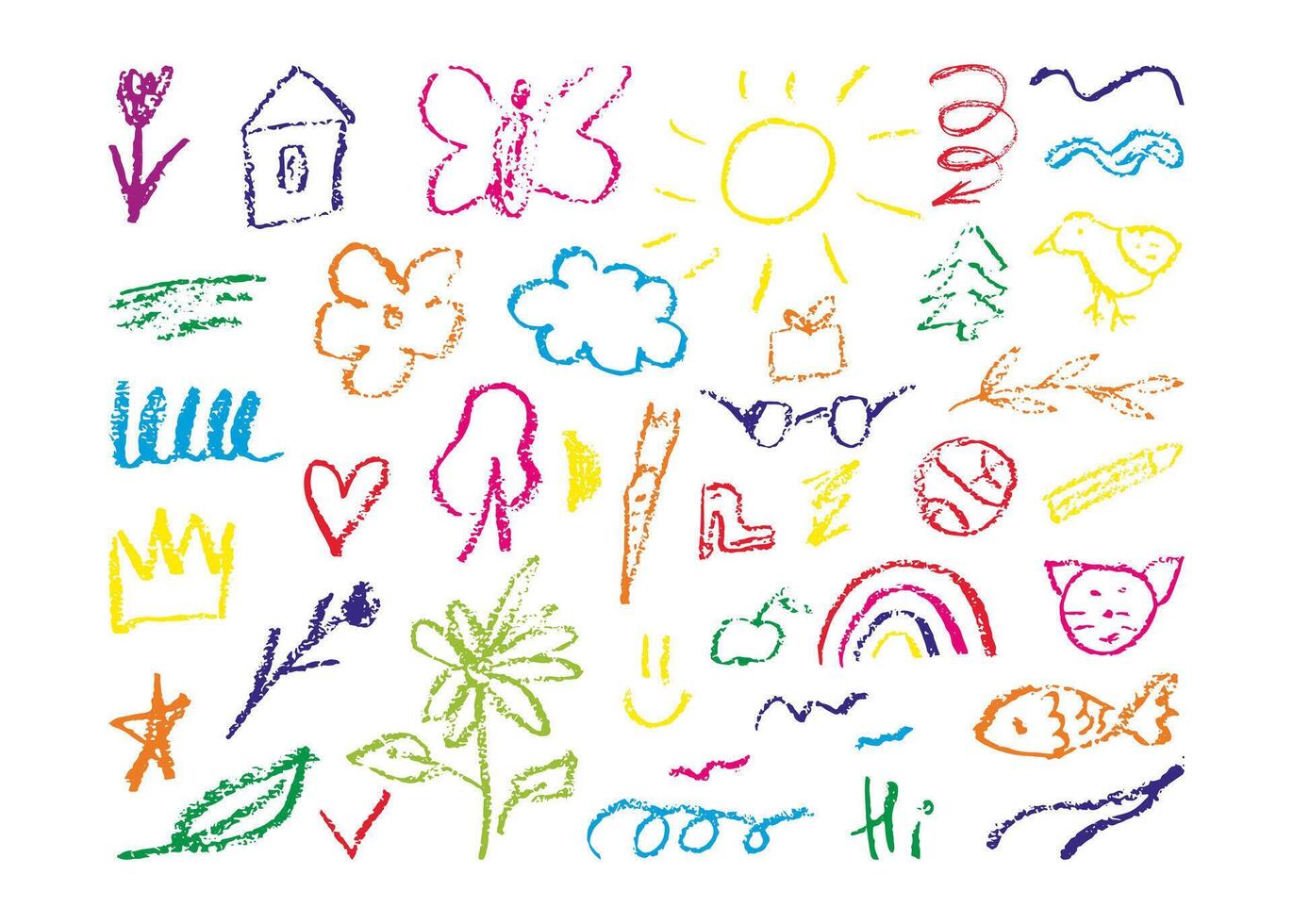 Hand drawn colorful charcoal doodle shapes and squiggles in childish girly style. Kid Pencil drawings isolated on white. Crown, stars, flower, heart, abstract shapes, collage elements. Naive vector