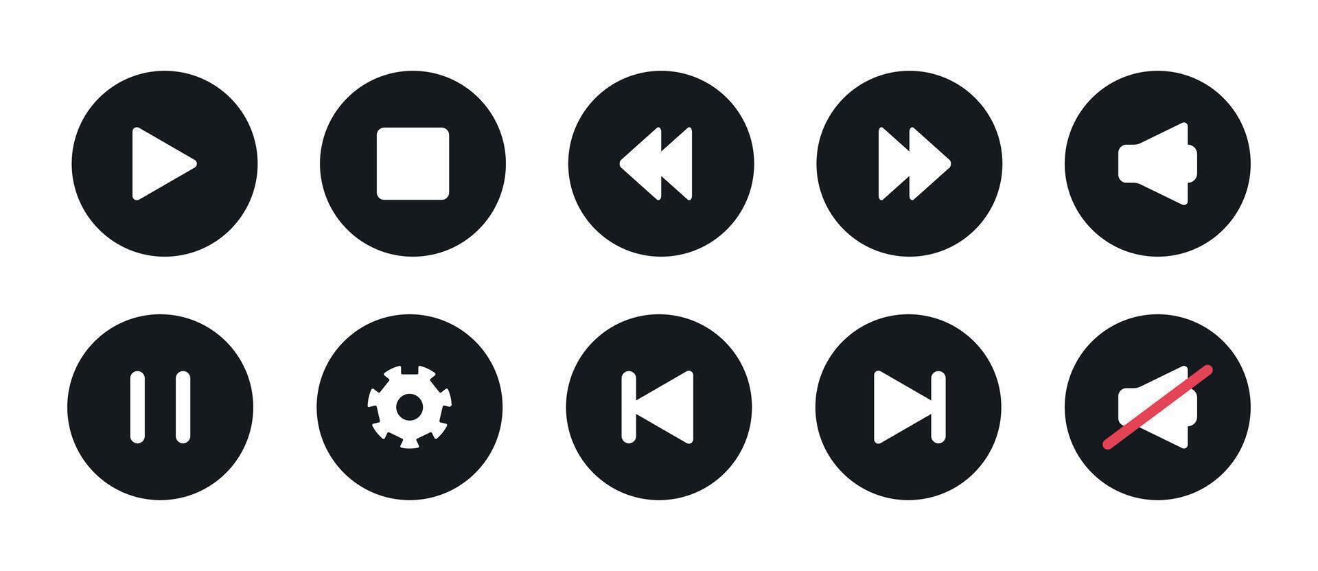 Media Player button in black round shape. Icon set with play, pause,stop, next, previous, settings symbol. Audio simple symbol vector