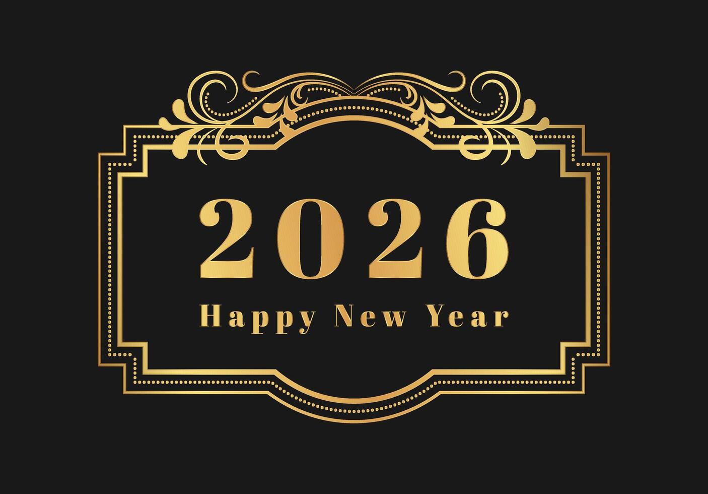 Happy New Year 2026 text banner template. Golden Numbers in vintage frame with flourish. Retro greeting card, poster, holiday cover. Gradient typography illustration. vector