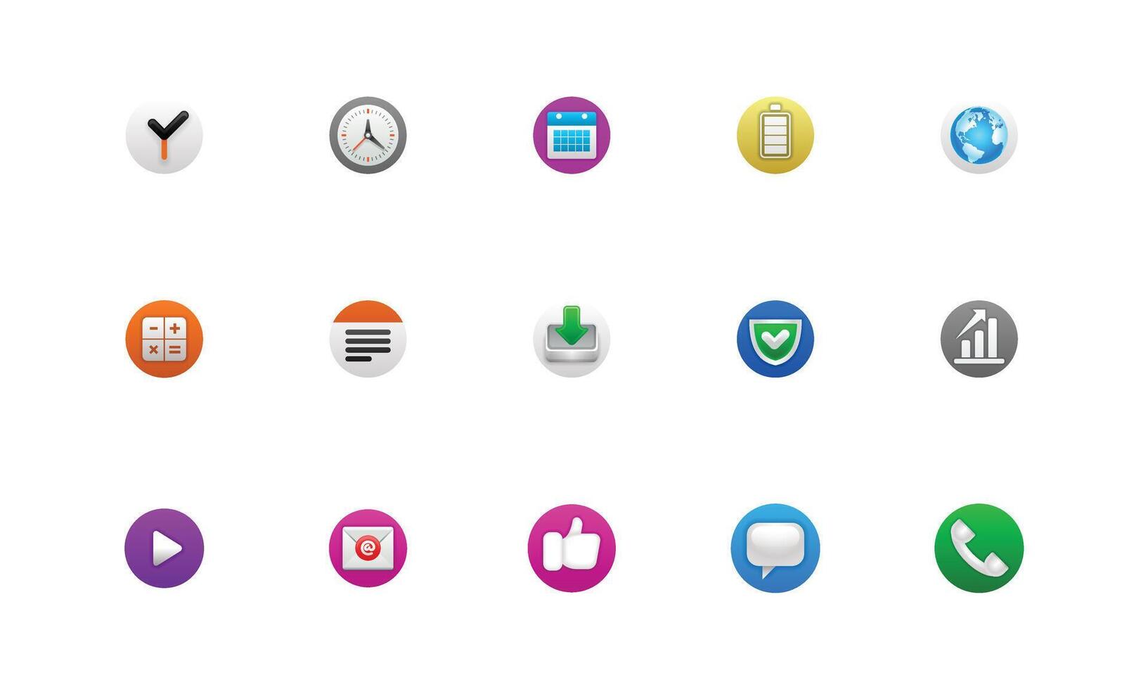 Modern Apps Icon Collection vibrant set of 15 circular, 3D style icons for mobile and web UI, time, calendar, communication, email, phone, message, and security vector
