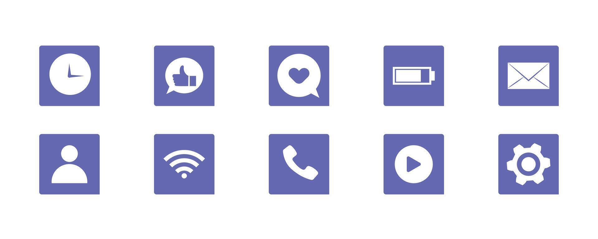 Purple User Interface Icon Set for Web and Mobile UI collection flat design icons including social media engagement, communication, and general navigation user, settings vector