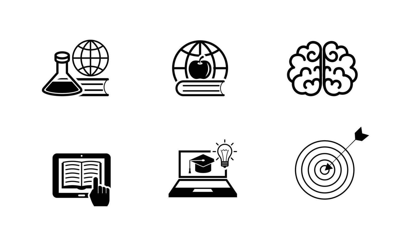 Online education concept with various icons of black and white icons representing various aspects of reading learning and knowledge vector