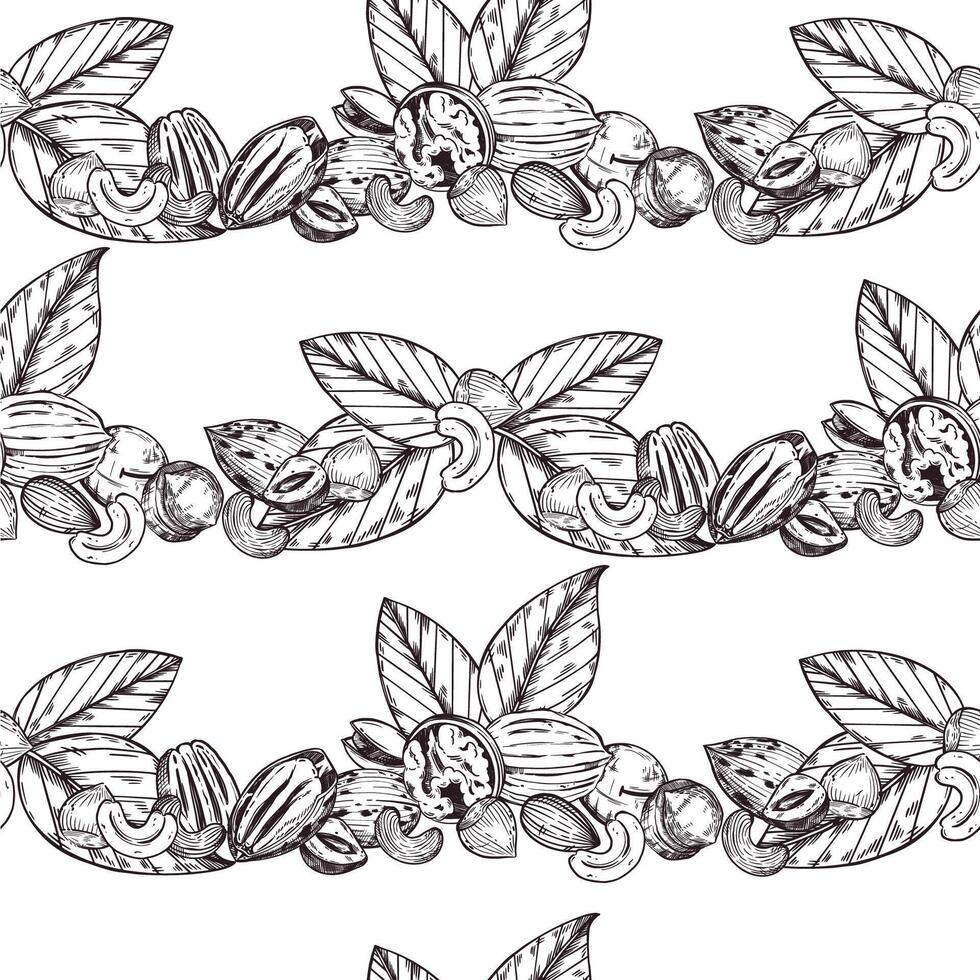 Seamless Pattern, Macadamia Nuts, Walnut, Pecan, Cashew, Hazelnut, Tree Leaves. All objects are hand-drawn with ink. For printing on packaging, kitchen textiles, tableware and decor vector