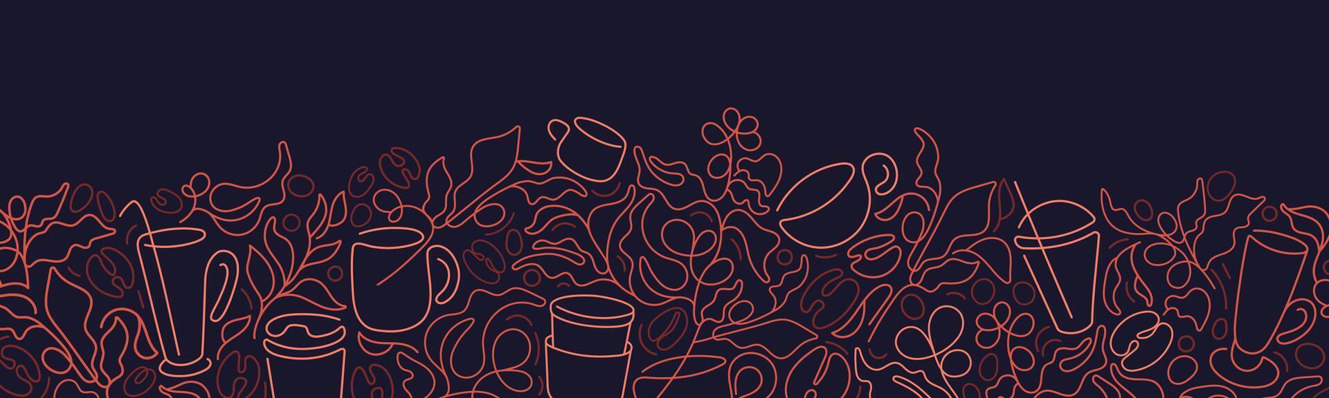 Coffee branch line border. Doodle art graphic cups vector