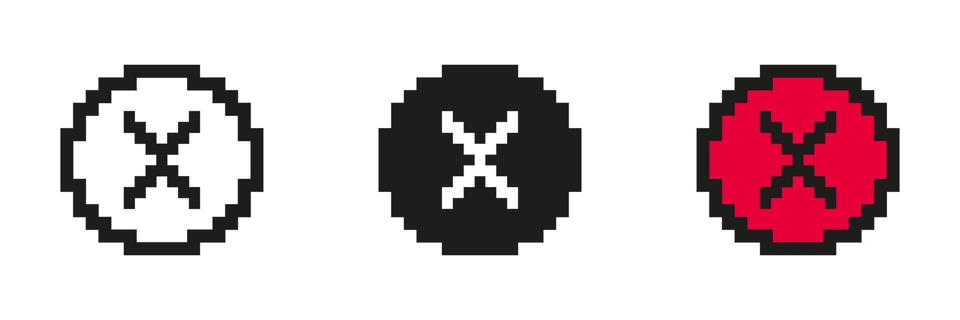Pixel Art Cross In Circle Icon Set. Pixelated Cross Inside Circle, Symbol Of Cancellation Or Rejection. Isolated Illustration vector