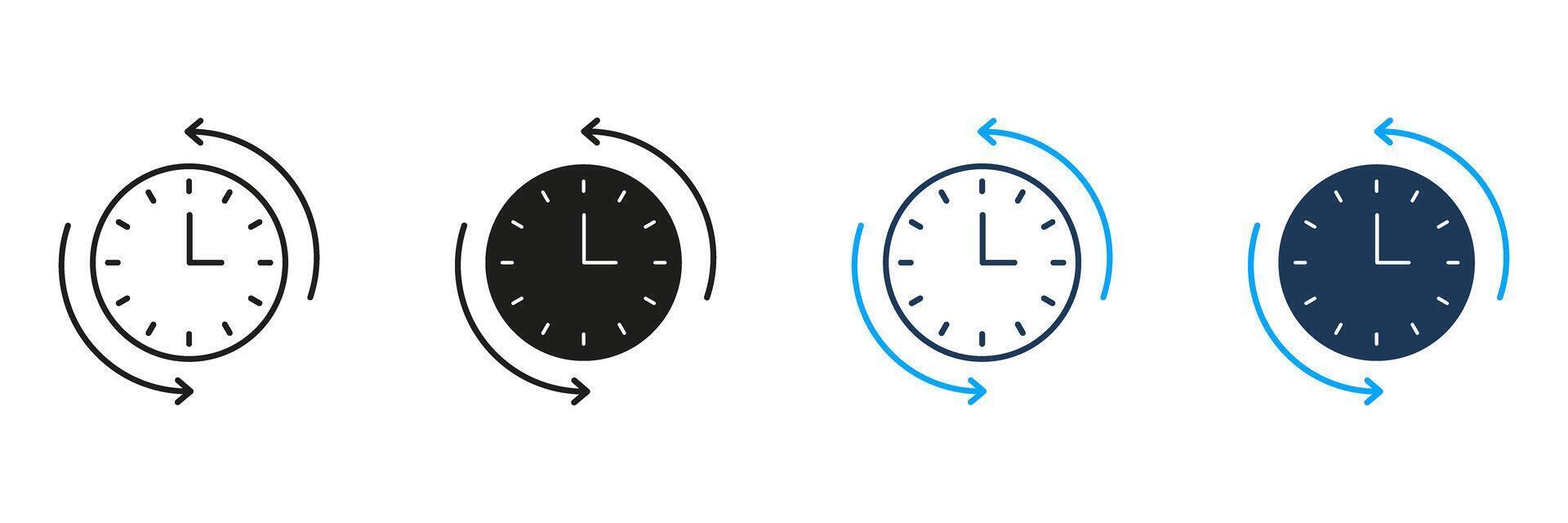 Clock With Arrows Line And Solid Icon Set. Time Management, Scheduling, And Process Rotation Symbol Collection. Efficient Workflow And Task Planning. Isolated Illustration vector