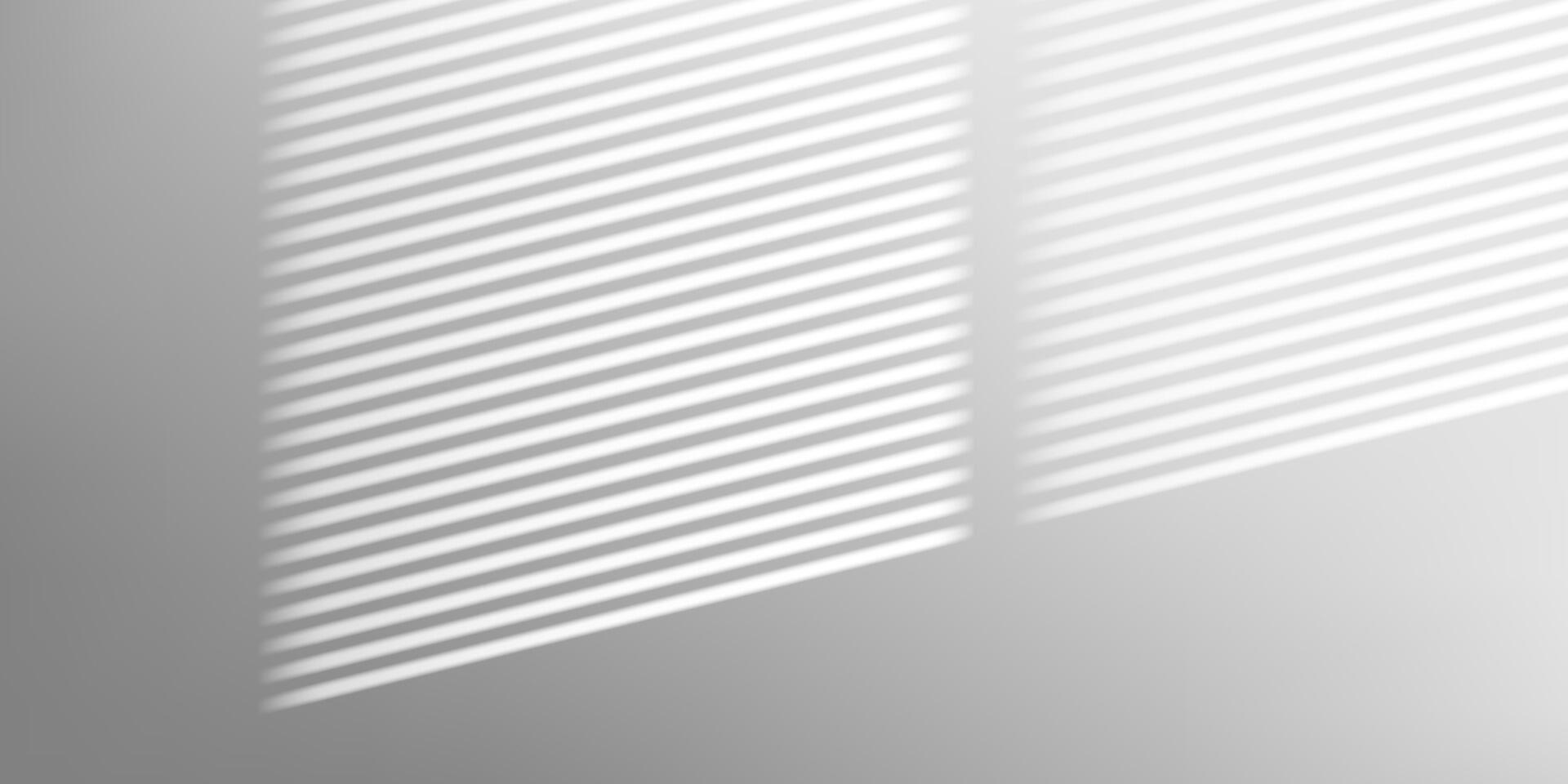 Warm sunlight filters through window blinds, casting linear shadows on grey studio wall. Minimal and abstract 3D backdrop with natural texture and soft interior light. vector