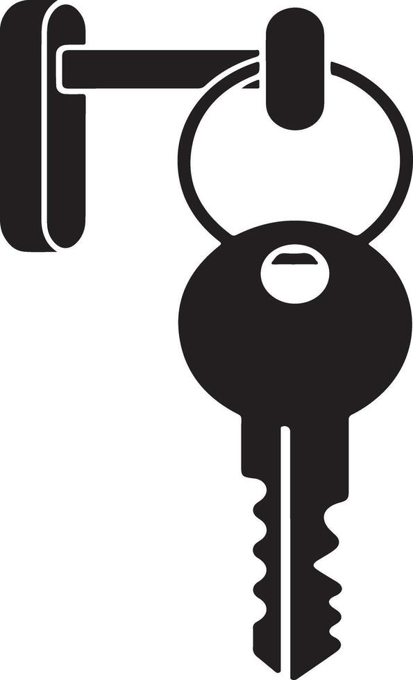 A simple black silhouette of a key hanging from a keyhole on a white background vector