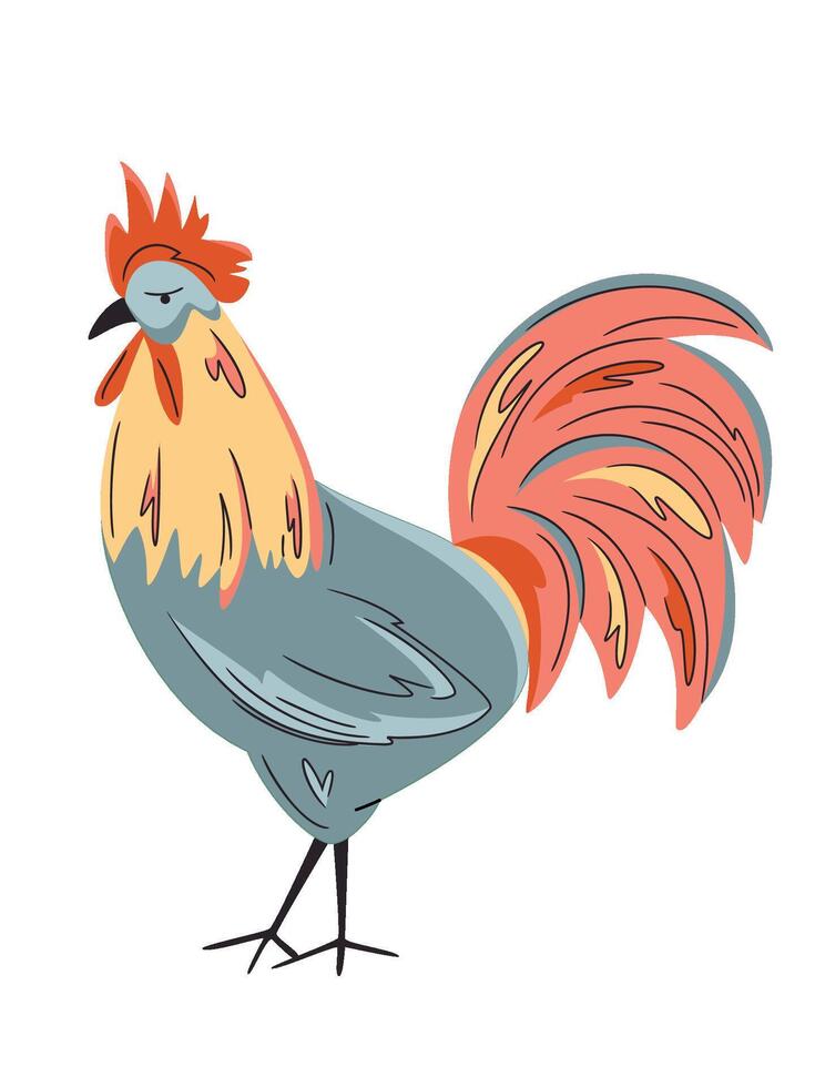 Set of colourful rooster isolated on white. Hand drawn poultry. Bright, organic design for local farm, urban homesteading, fresh food, and countryside life vector