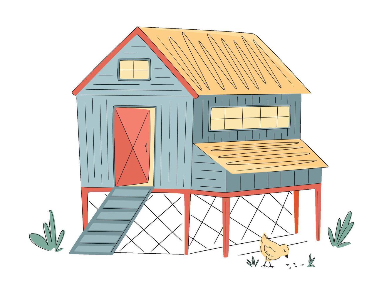 Colorful chicken coops with chiken isolated on white. Hand drawn illustration. Bright, organic design for local farm, urban homesteading, fresh food, and countryside life vector
