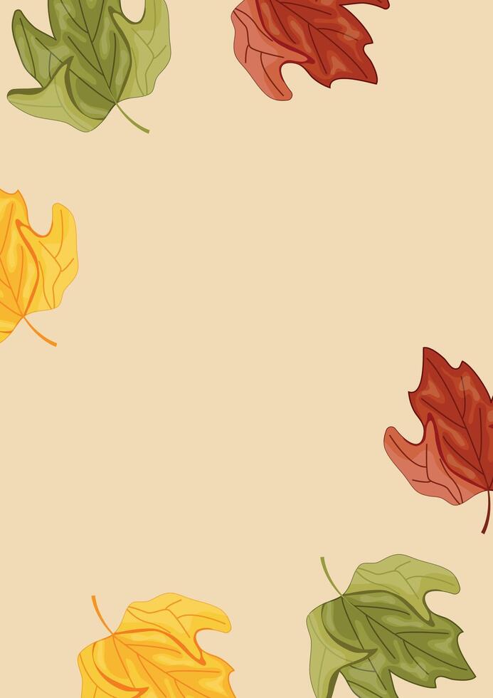 vertical poster of icons of unfolded colored leaves from deciduous tree namely from maple tree on brown background, for autumn textile, packaging or postcards vector