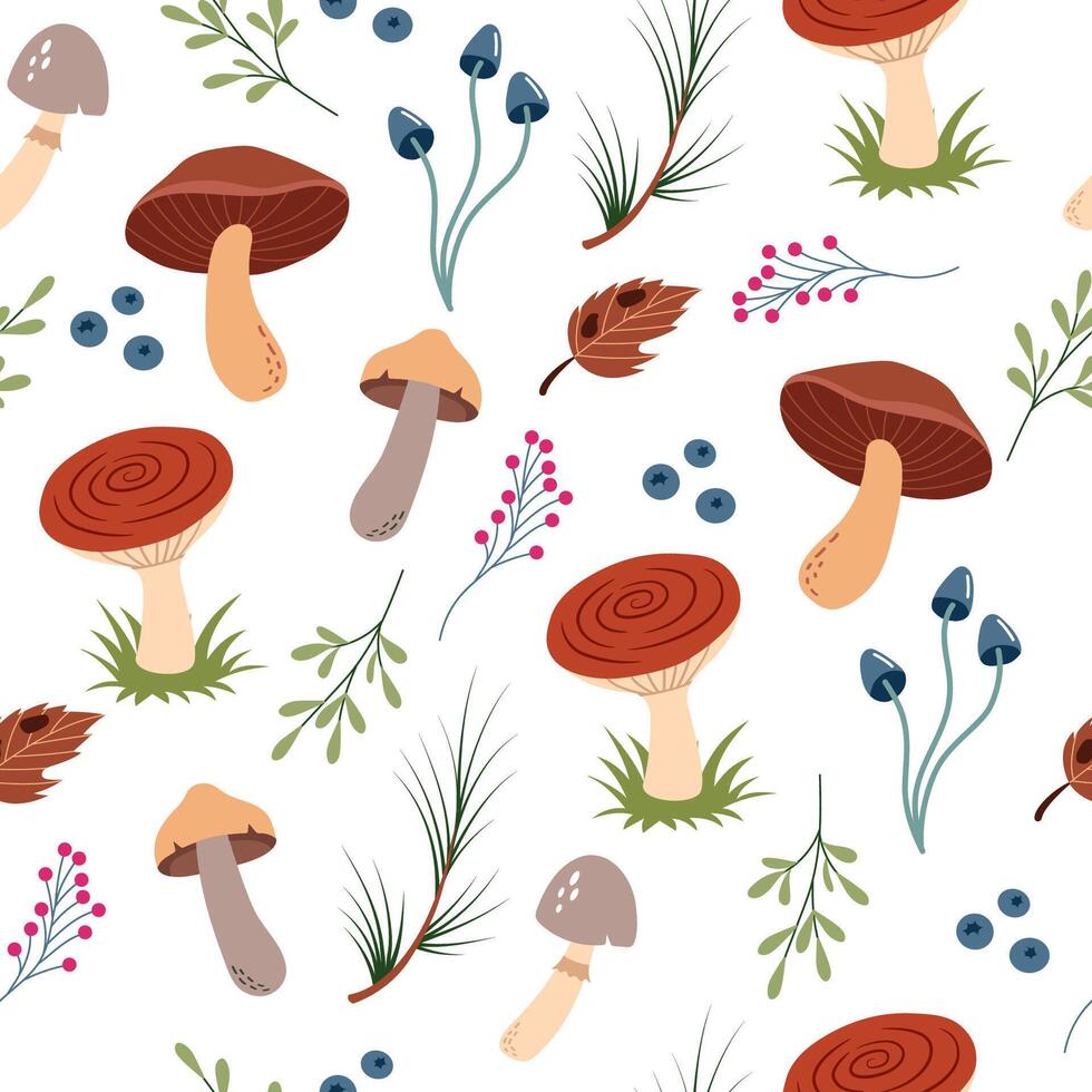 Mushroom pattern with plants and berries vector