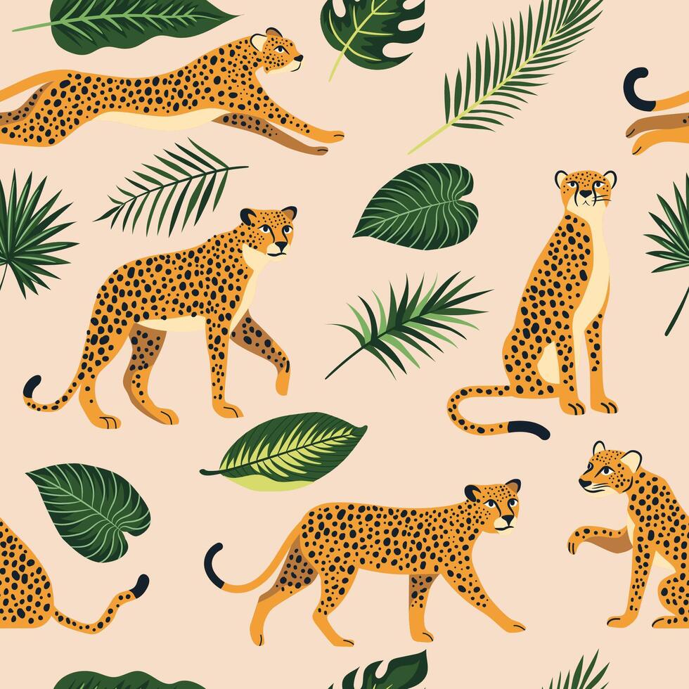 Pattern of cheetahs and green leaves vector