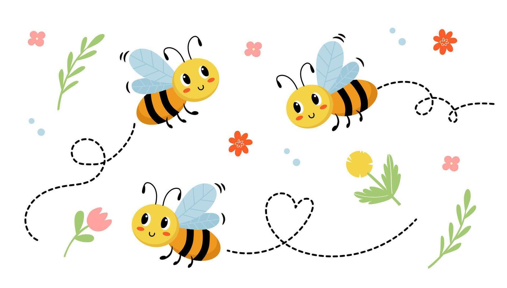 Set of flying bee with flowers isolated on white background. Cartoon vector