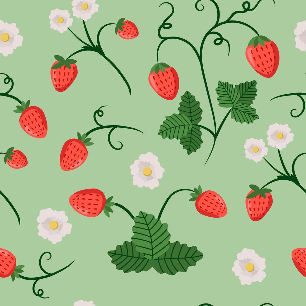 Strawberry and flower pattern on green vector