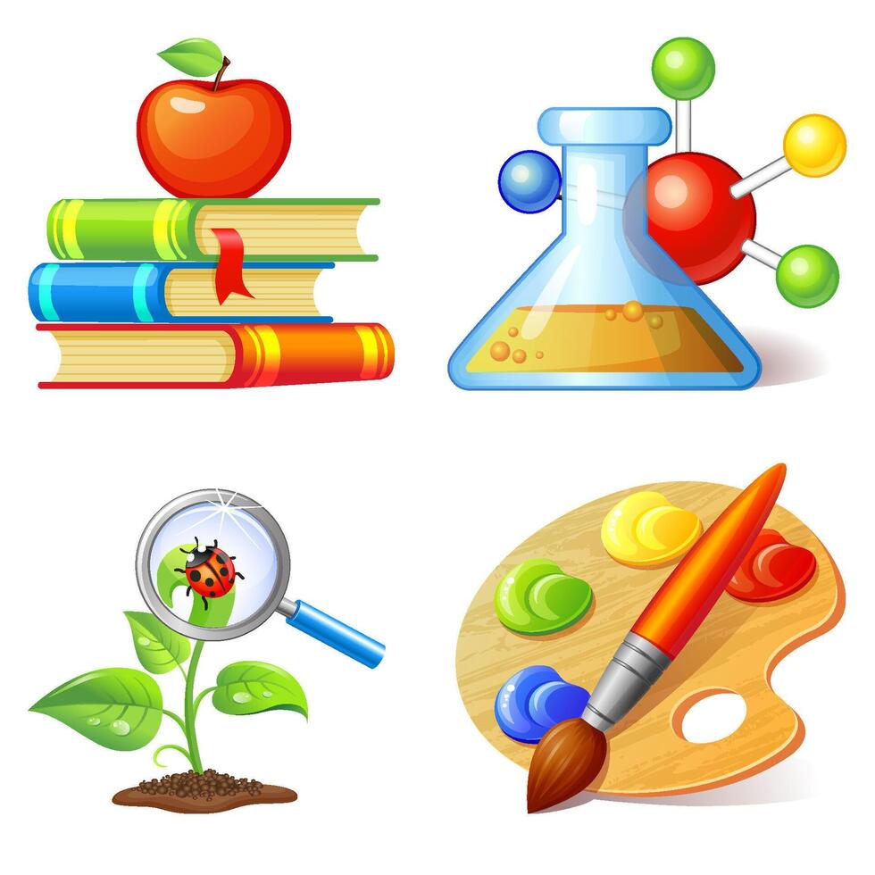 Educational icons including books, lab, and art palette vector