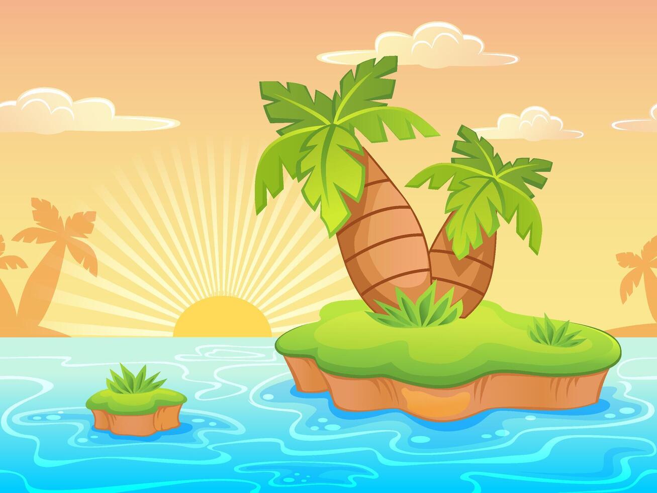 Tropical island with palm trees and sunset vector
