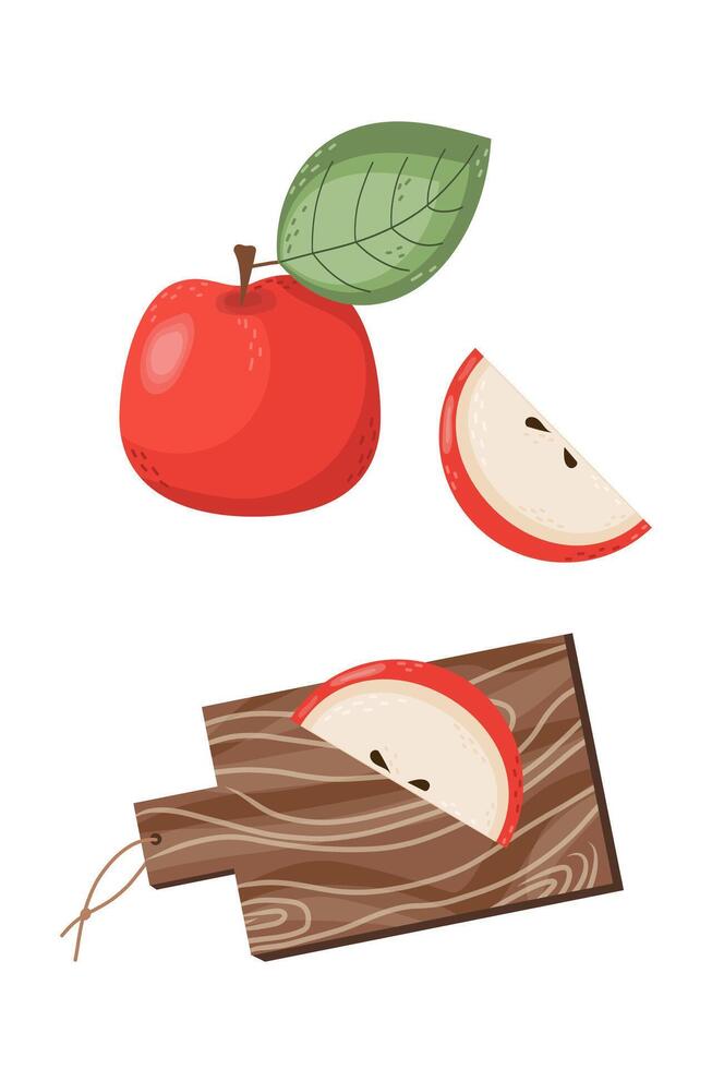 Fresh whole, half and cut slices apple fruits on wooden cutting board. illustration isolated on white background vector