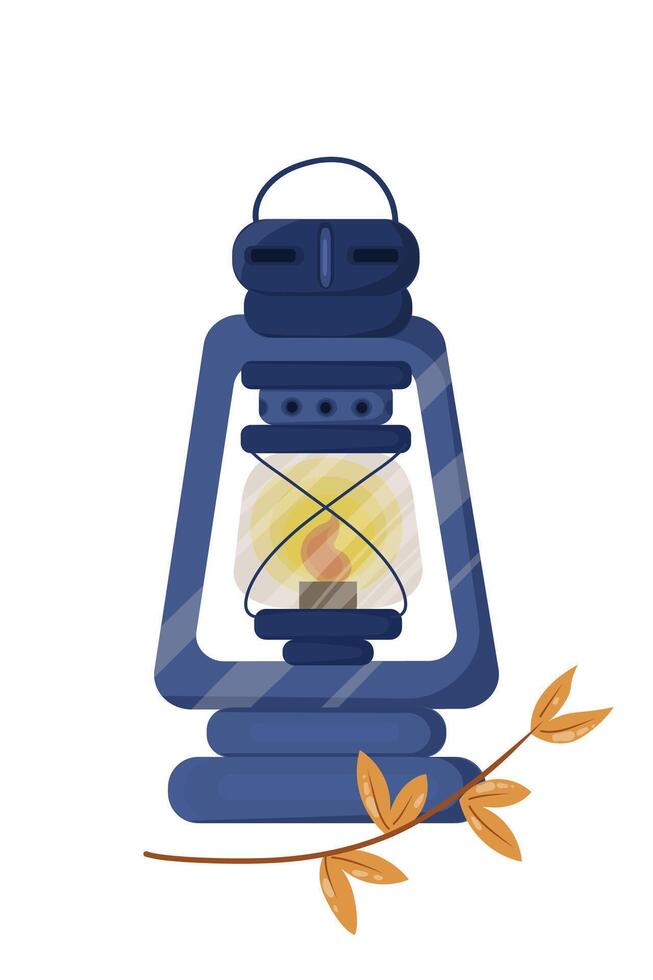 Old isolated lantern. dark blue retro oil lamp with a burning flame. illustration, flat design vector