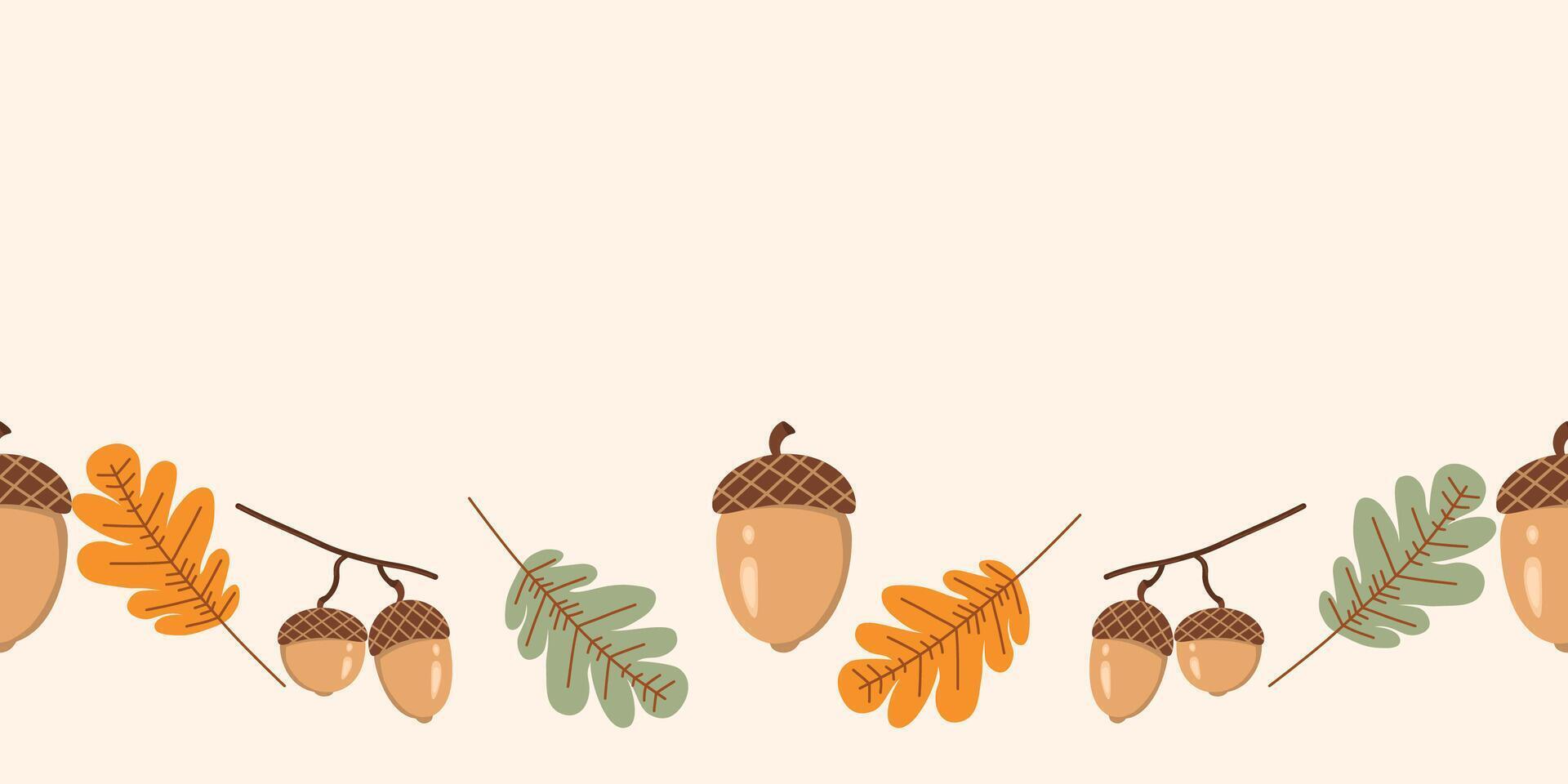 Seamless border with acorns and autumn leaves. Collection of decorative botanical design elements. Vintage illustration vector