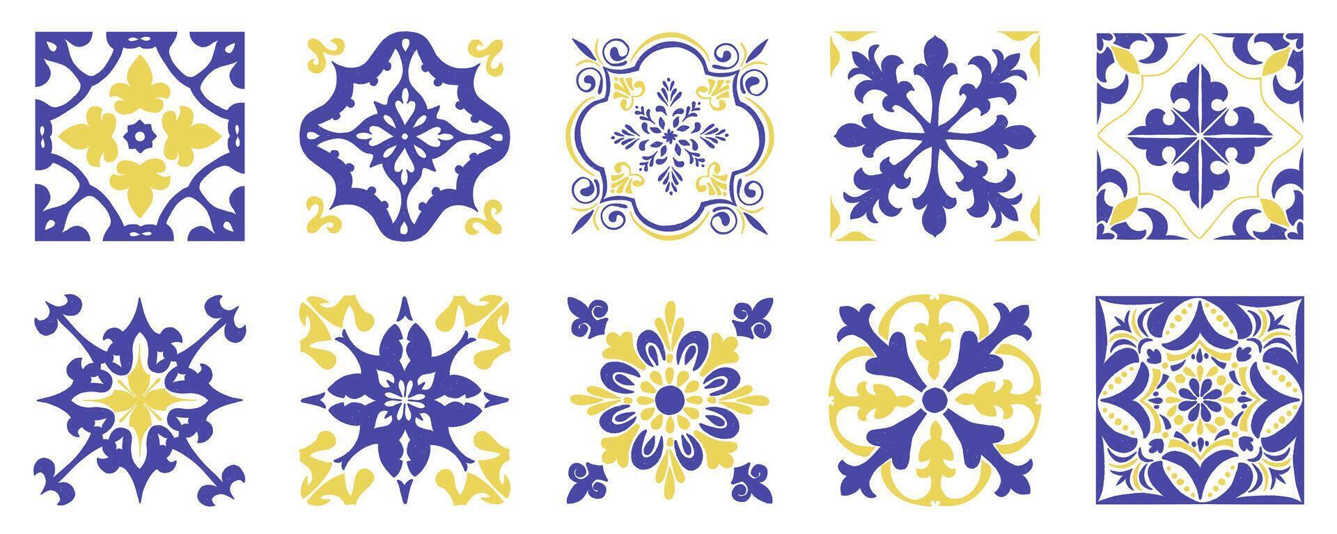 Set of Mediterranean tile and ornament patterns. Portuguese or Spanish brush painted ceramic ornament. Yellow blue Italian glazed pottery. hand drawn Mediterranean classic floral decor. vector