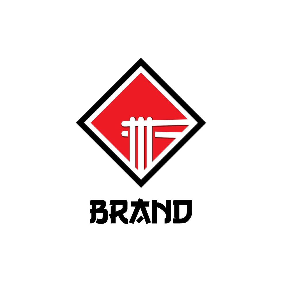 Red and black logo design noodle in square. Square noodle logo combination of noodles and chopstick. vector