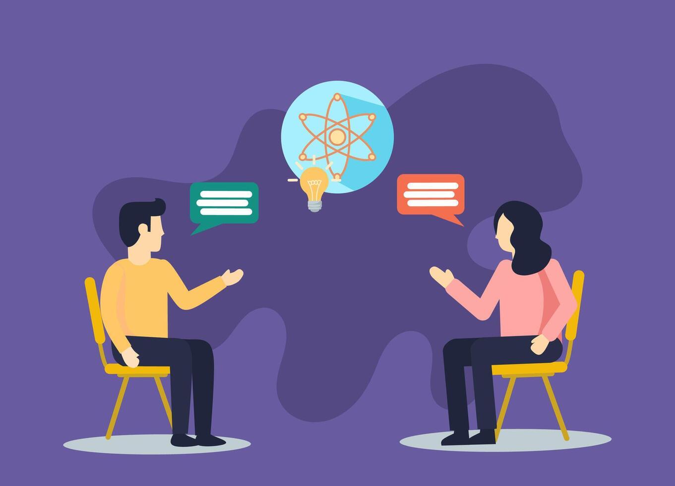 Illustration of two people discussing and sharing ideas. Features icons of a lightbulb and an atom, symbolizing knowledge exchange, innovation, and learning. vector