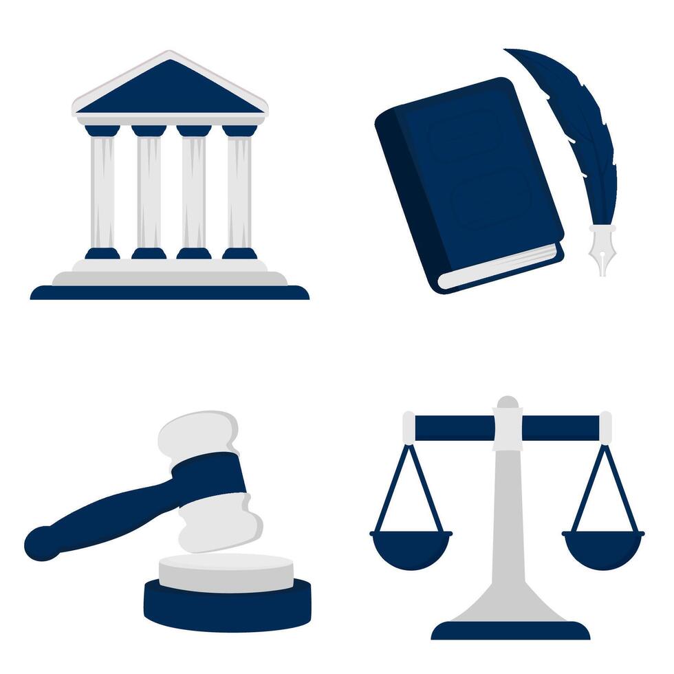 Modern Legal Illustration Icons Featuring Courthouse Law Book Quill Judge Gavel and Justice Scale in Elegant Flat Style for Education Web Design and Legal Presentation Projects vector