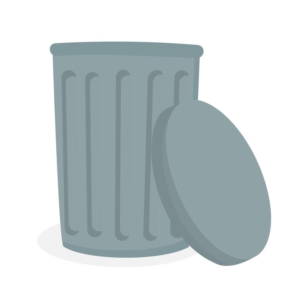 Flat Illustration of Gray Metal Trash Can with Open Lid Perfect for Cleanliness Education and Eco Friendly Waste Management Design Projects vector