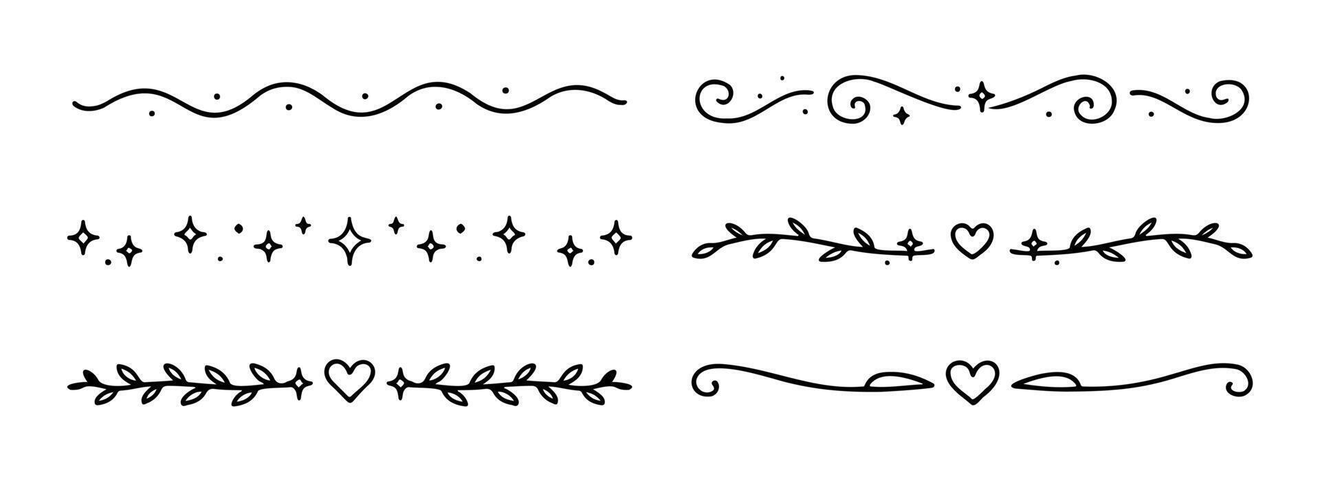Hand Drawn Decorative Divider Lines with Hearts, Leaves, Swirls and Sparkles vector